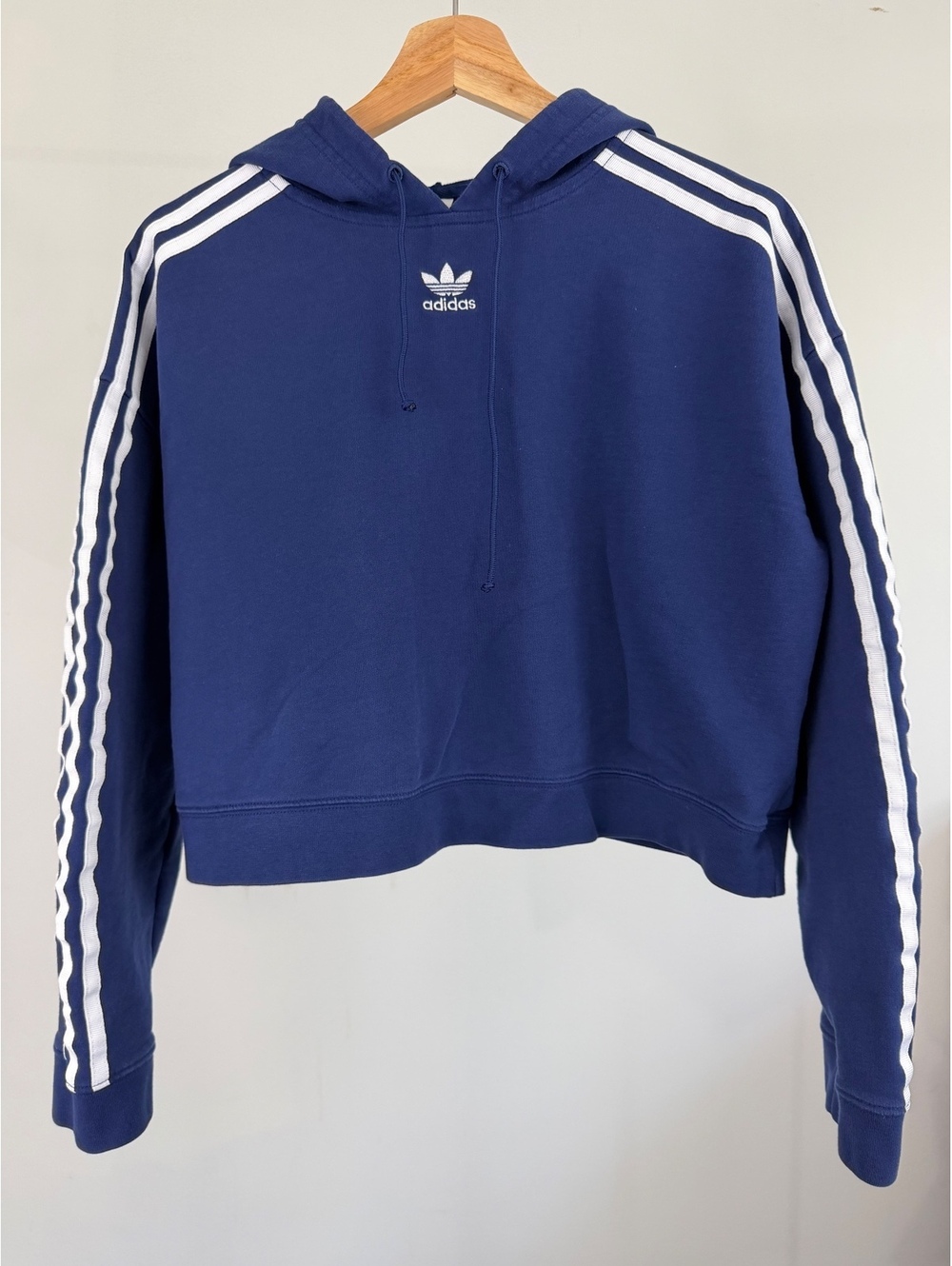 Adidas Originals Womens Blue Cropped Hoodie Trefoil 3 Stripe Pullover Sweatshirt